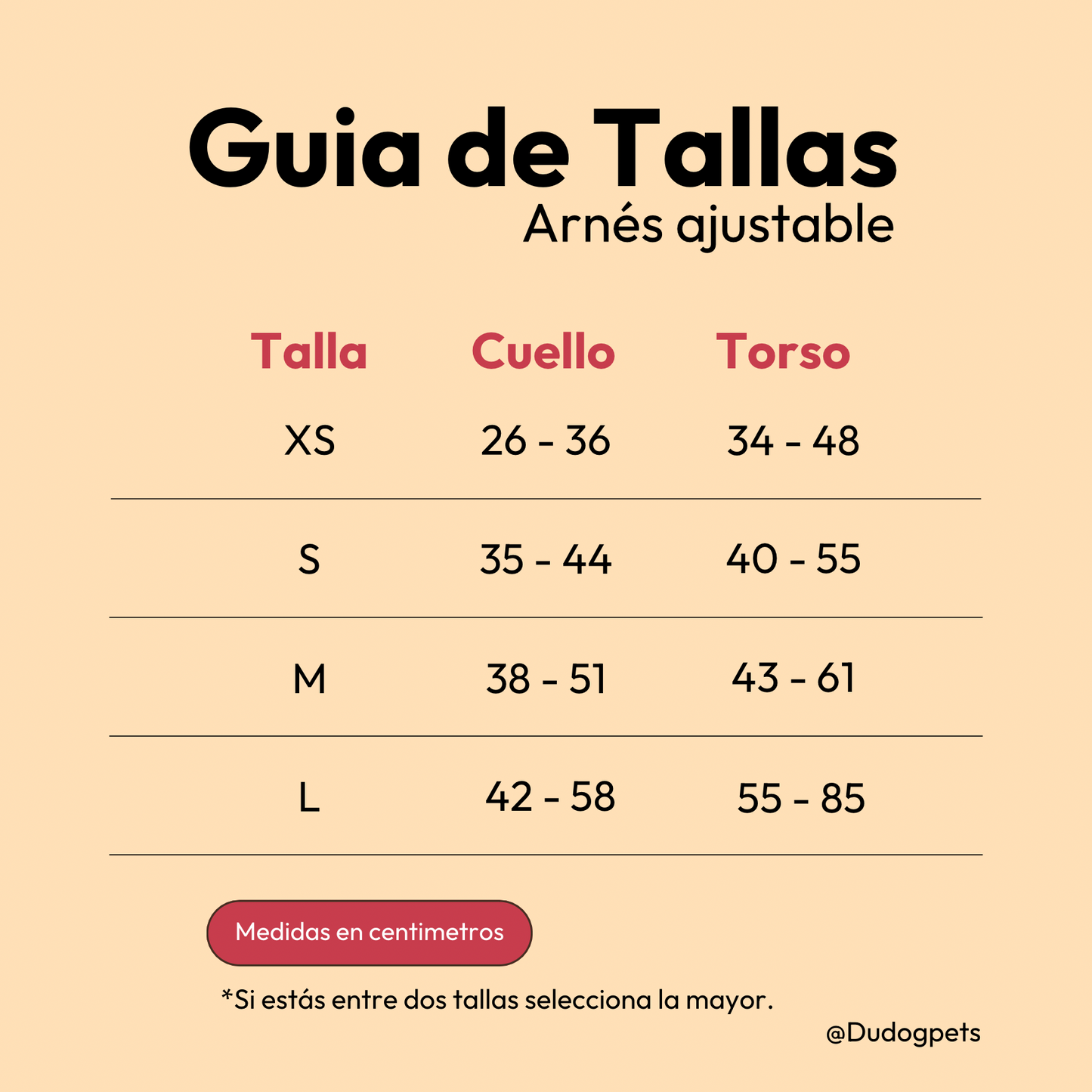 guia de tallas arnes ajustable