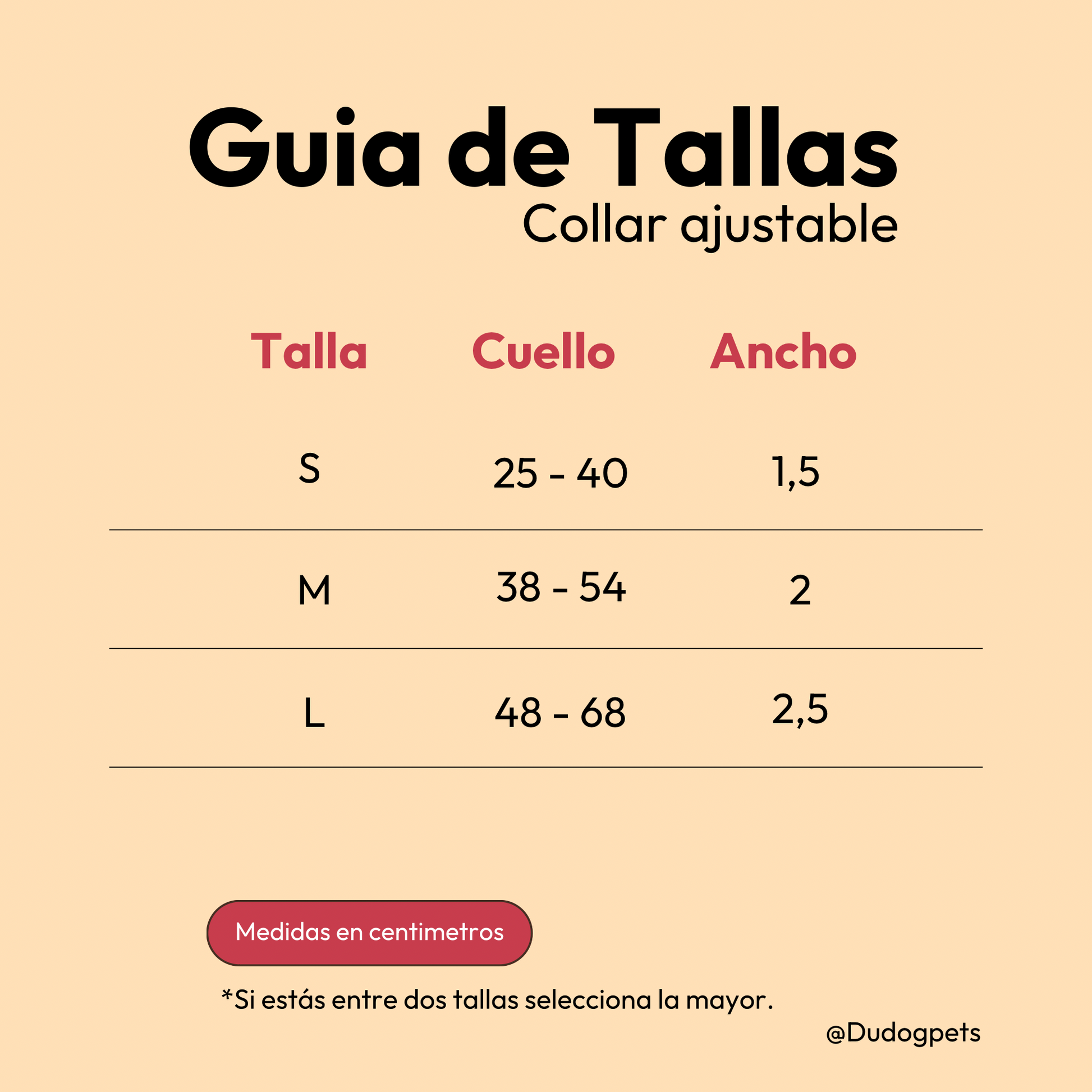 guia de tallas collar ajustable